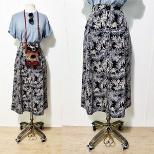 90’s Button Front Aline Silk Skirt ft. Blue & Tan Leaves | Vintage